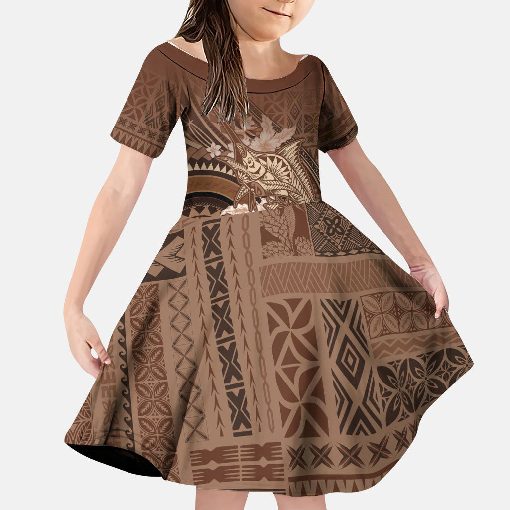 Samoa Tatau Marlin Family Matching Off Shoulder Short Dress and Hawaiian Shirt With Siapo Motifs Brown