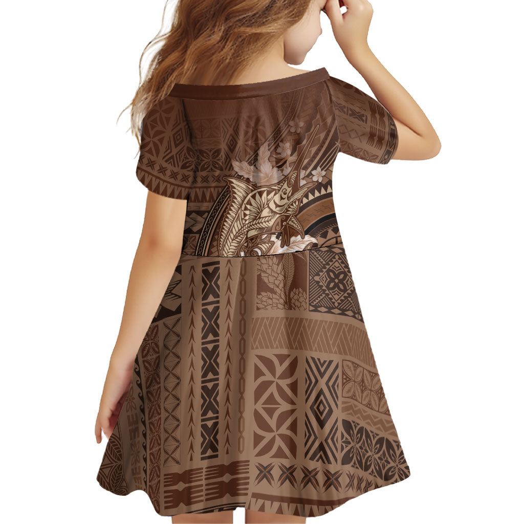 Samoa Tatau Marlin Family Matching Off Shoulder Short Dress and Hawaiian Shirt With Siapo Motifs Brown