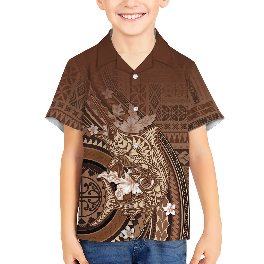 Samoa Tatau Marlin Family Matching Off Shoulder Short Dress and Hawaiian Shirt With Siapo Motifs Brown