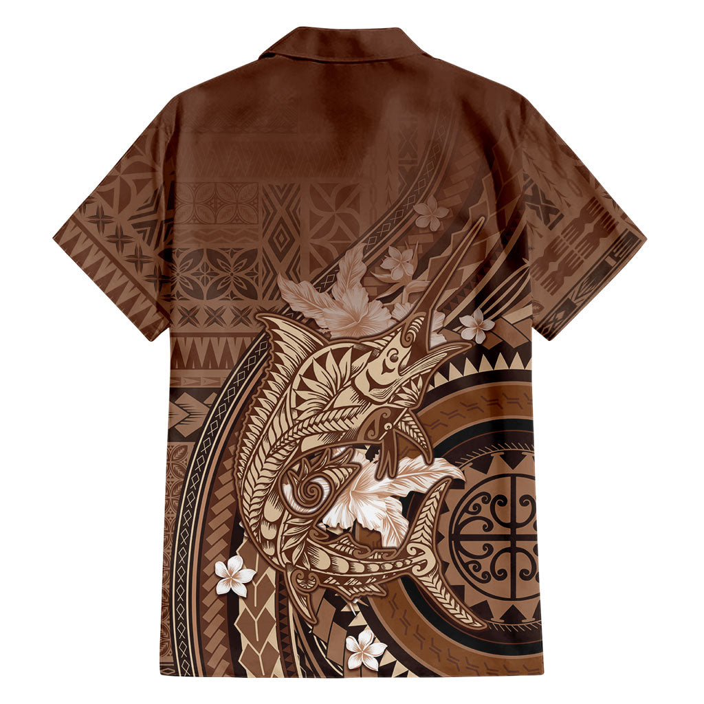 Samoa Tatau Marlin Family Matching Puletasi and Hawaiian Shirt With Siapo Motifs Brown