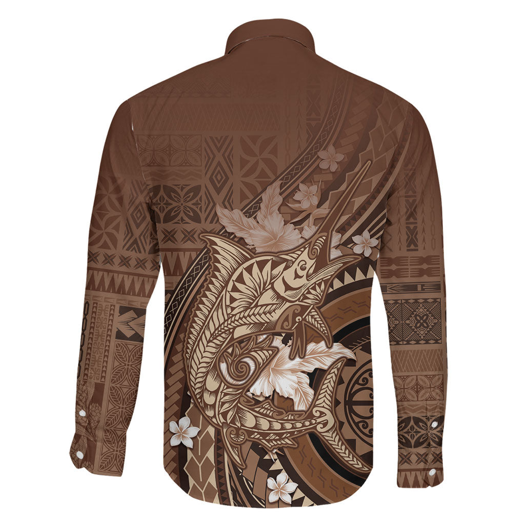 Samoa Tatau Marlin Family Matching Puletasi and Hawaiian Shirt With Siapo Motifs Brown
