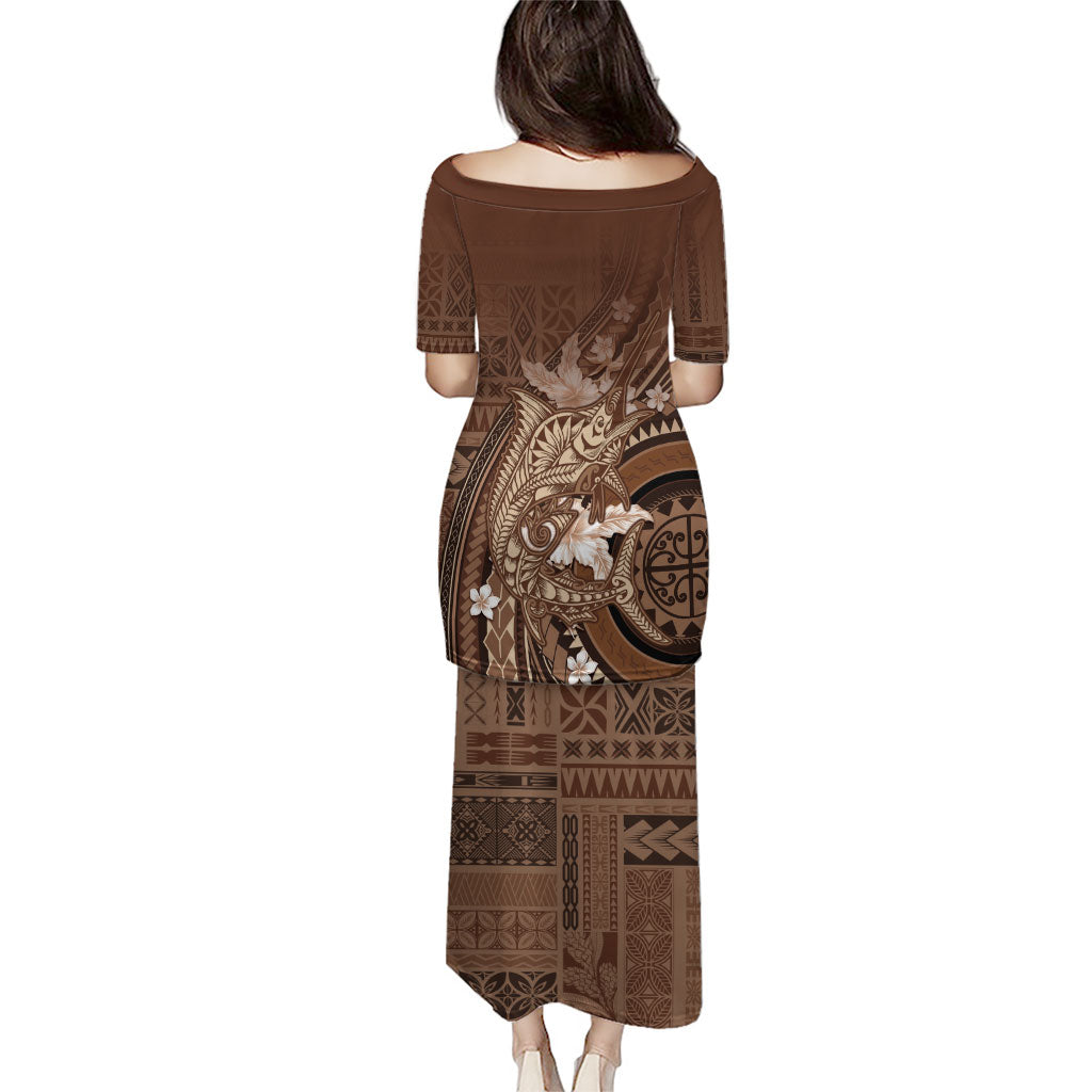 Samoa Tatau Marlin Family Matching Puletasi and Hawaiian Shirt With Siapo Motifs Brown