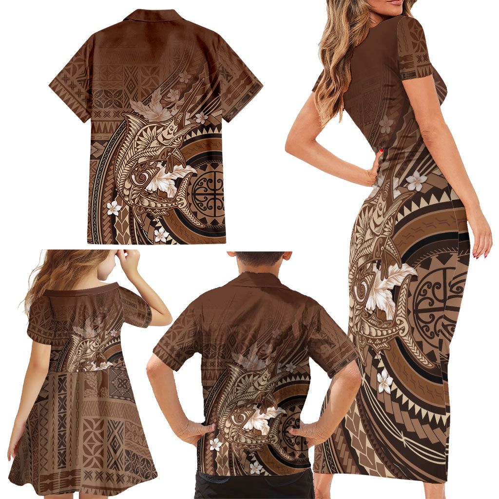 Samoa Tatau Marlin Family Matching Short Sleeve Bodycon Dress and Hawaiian Shirt With Siapo Motifs Brown