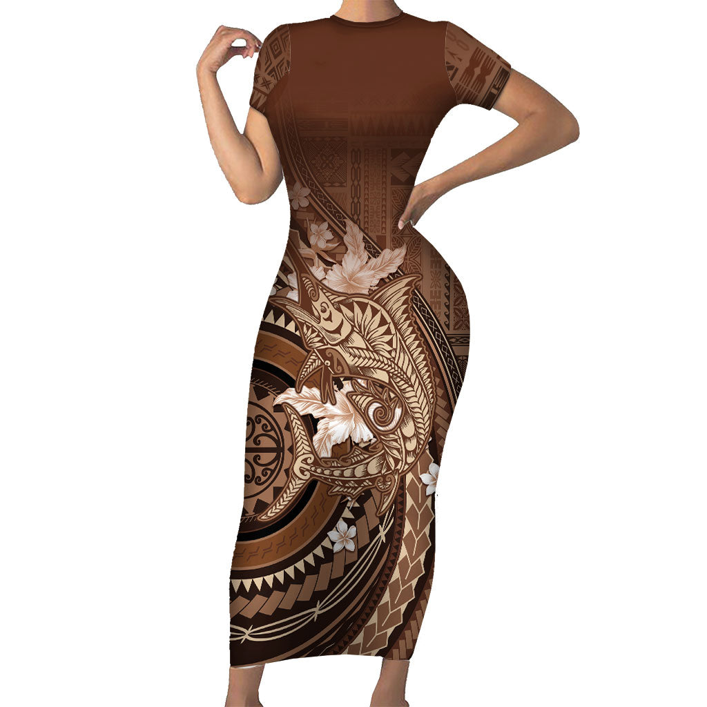 Samoa Tatau Marlin Family Matching Short Sleeve Bodycon Dress and Hawaiian Shirt With Siapo Motifs Brown