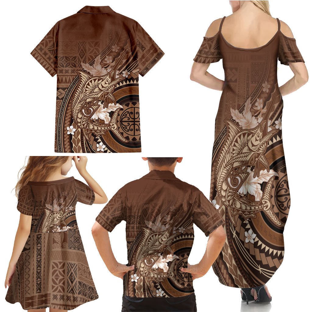 Samoa Tatau Marlin Family Matching Summer Maxi Dress and Hawaiian Shirt With Siapo Motifs Brown