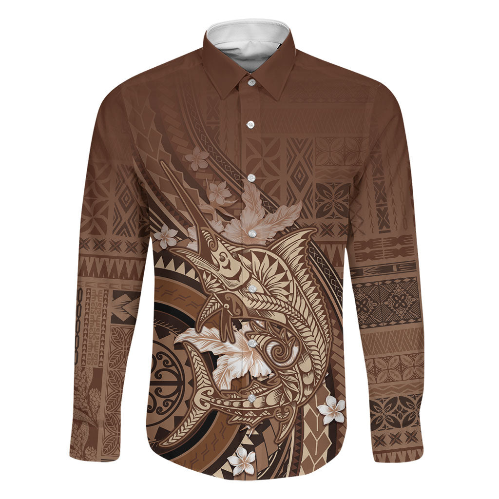 Samoa Tatau Marlin Family Matching Summer Maxi Dress and Hawaiian Shirt With Siapo Motifs Brown