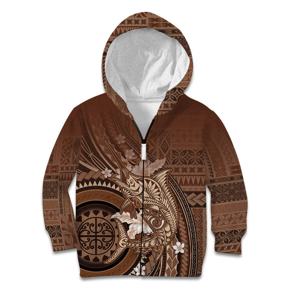 Samoa Tatau Marlin Kid Hoodie With Siapo Motifs Brown LT05 Zip Hoodie Brown - Polynesian Pride