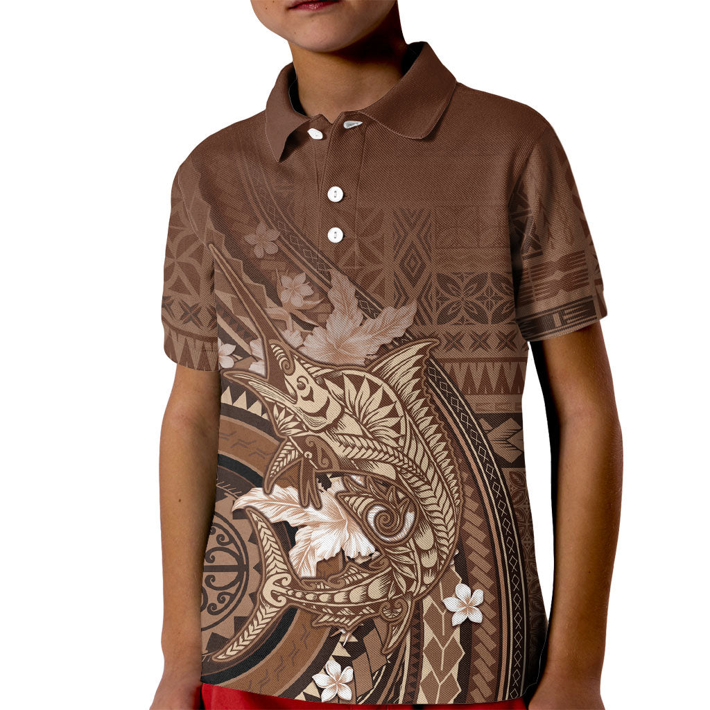 Samoa Tatau Marlin Kid Polo Shirt With Siapo Motifs Brown LT05 Kid Brown - Polynesian Pride