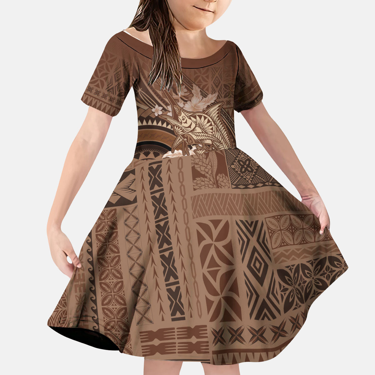 Samoa Tatau Marlin Kid Short Sleeve Dress With Siapo Motifs Brown LT05 KID Brown - Polynesian Pride