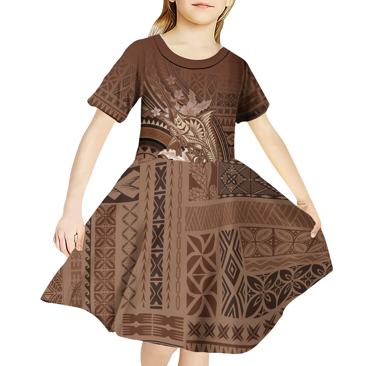 Samoa Tatau Marlin Kid Short Sleeve Dress With Siapo Motifs Brown LT05 - Polynesian Pride