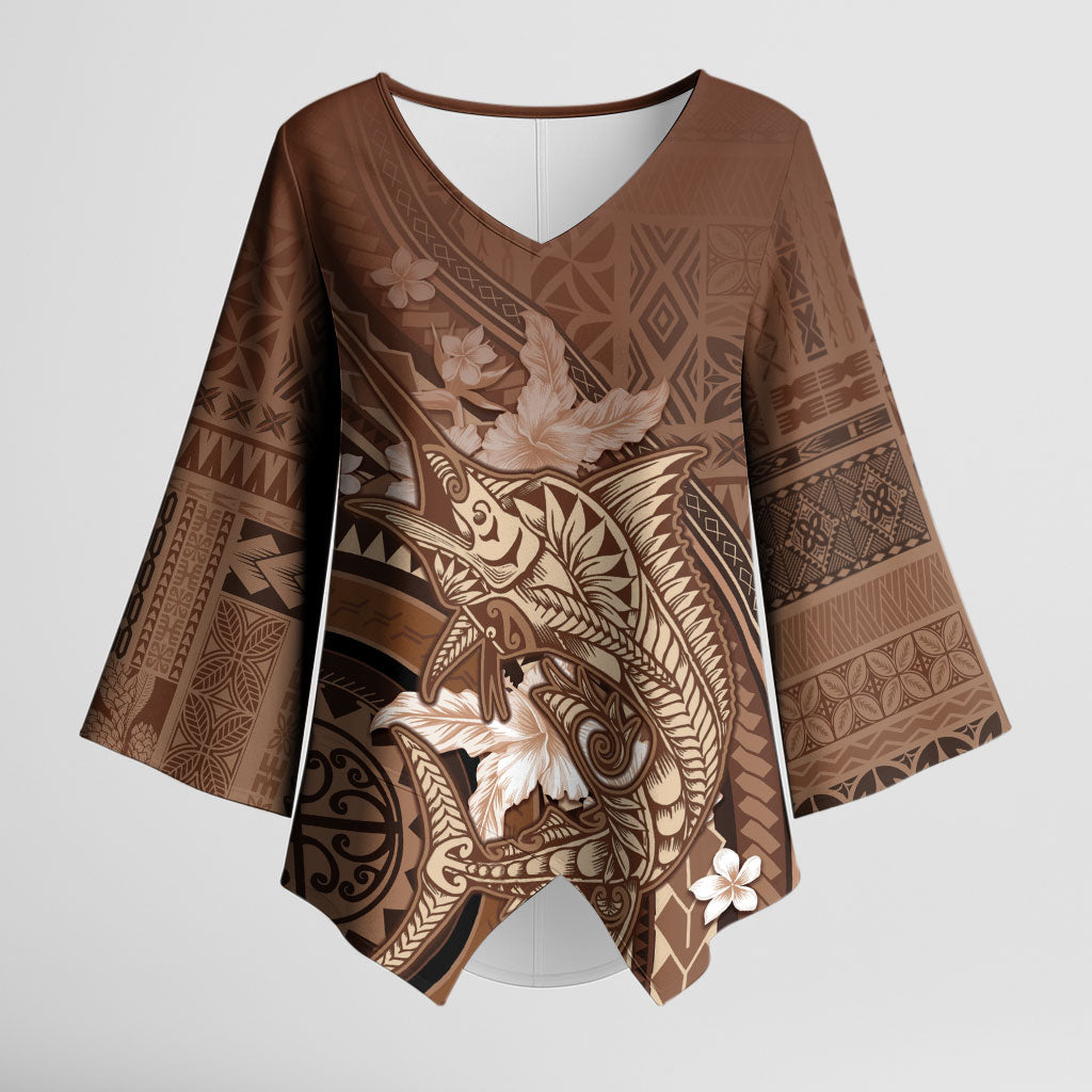 Samoa Tatau Marlin Kimono Sleeve Blouse With Siapo Motifs Brown LT05 Female Brown - Polynesian Pride