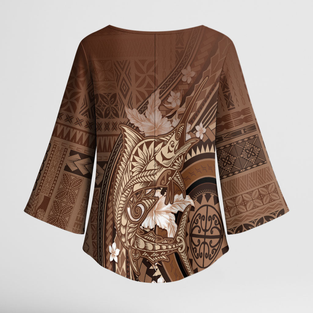 Samoa Tatau Marlin Kimono Sleeve Blouse With Siapo Motifs Brown LT05 - Polynesian Pride