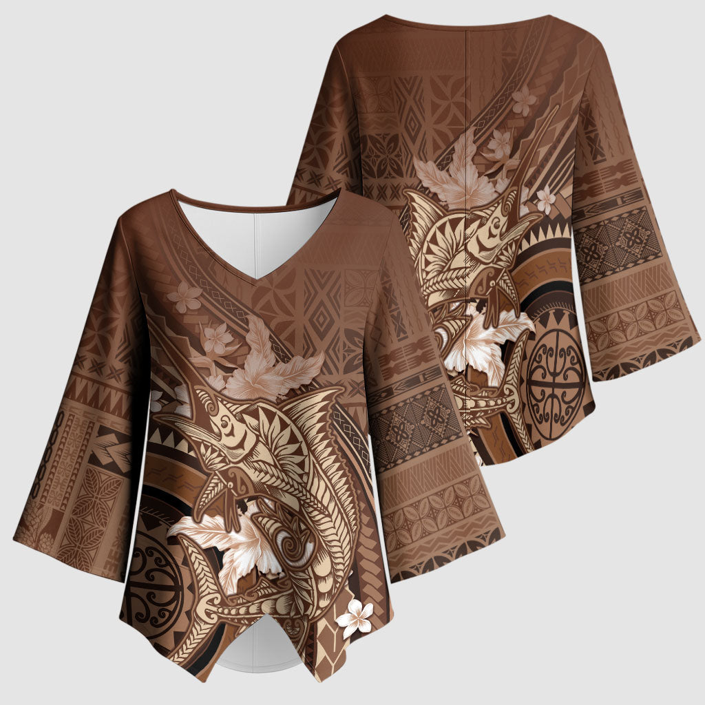 Samoa Tatau Marlin Kimono Sleeve Blouse With Siapo Motifs Brown LT05 - Polynesian Pride