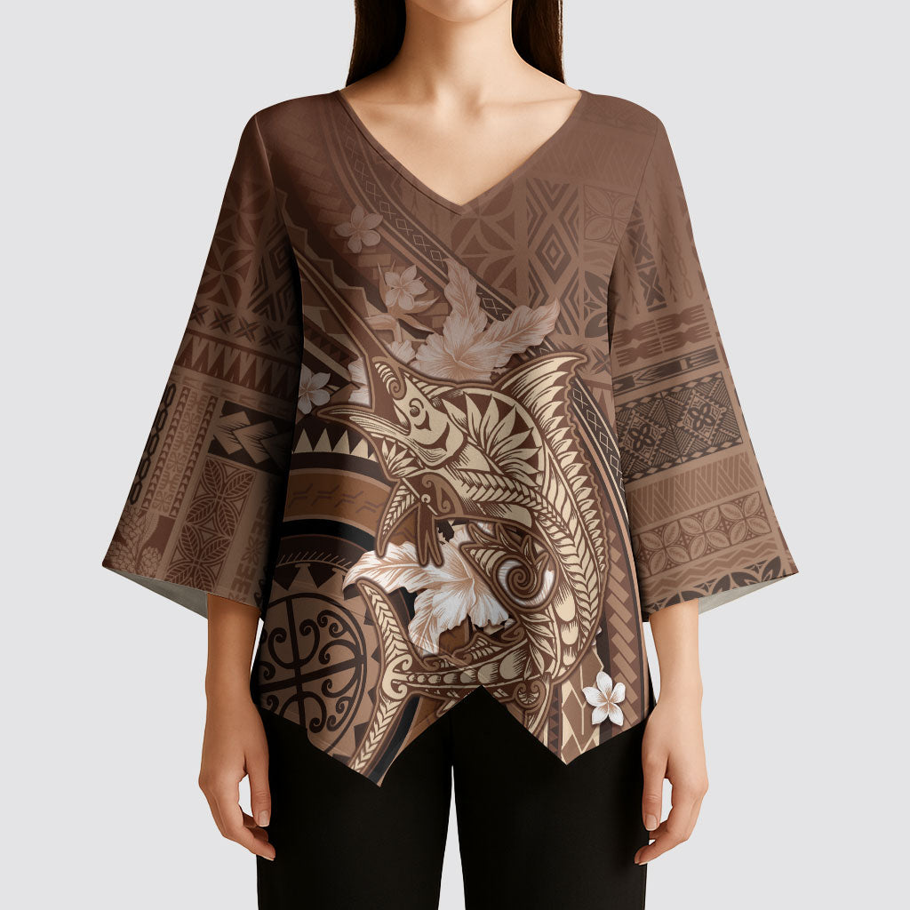 Samoa Tatau Marlin Kimono Sleeve Blouse With Siapo Motifs Brown LT05 - Polynesian Pride