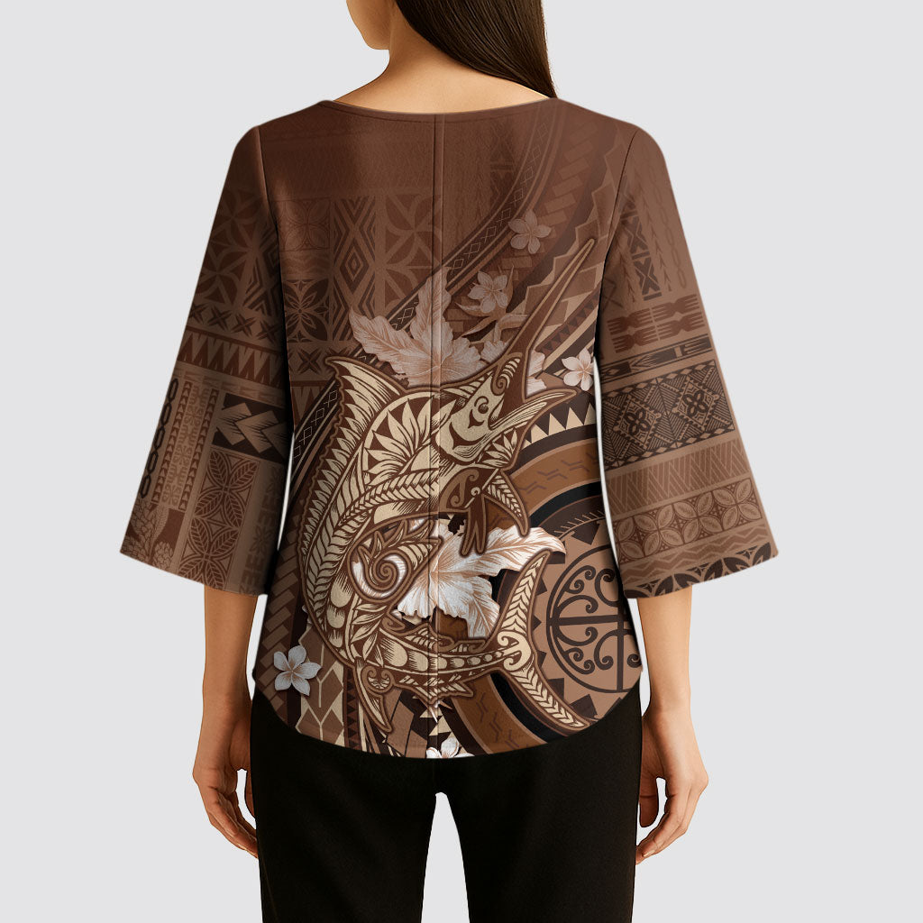 Samoa Tatau Marlin Kimono Sleeve Blouse With Siapo Motifs Brown LT05 - Polynesian Pride