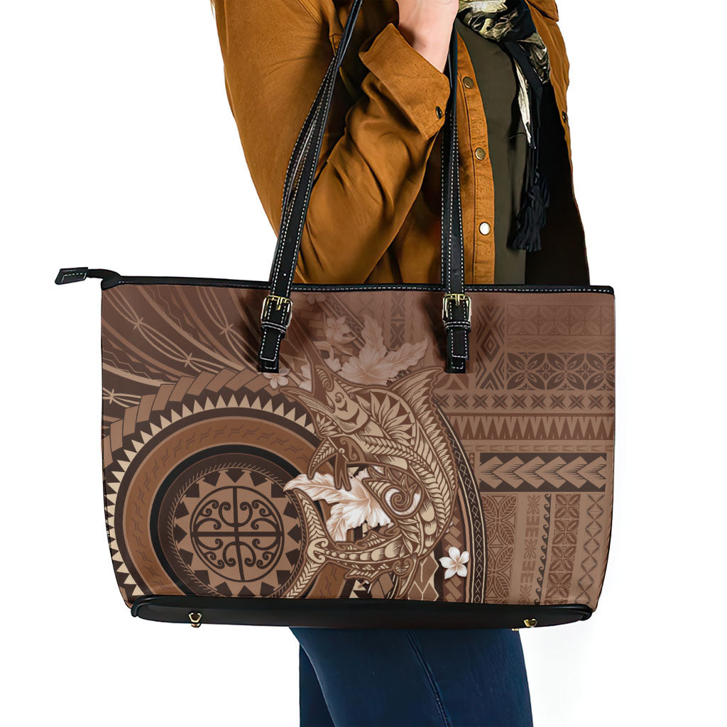Samoa Tatau Marlin Leather Tote Bag With Siapo Motifs Brown LT05 - Polynesian Pride