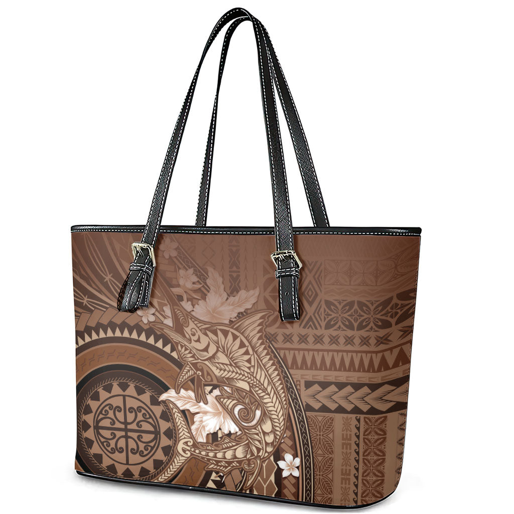Samoa Tatau Marlin Leather Tote Bag With Siapo Motifs Brown LT05 - Polynesian Pride