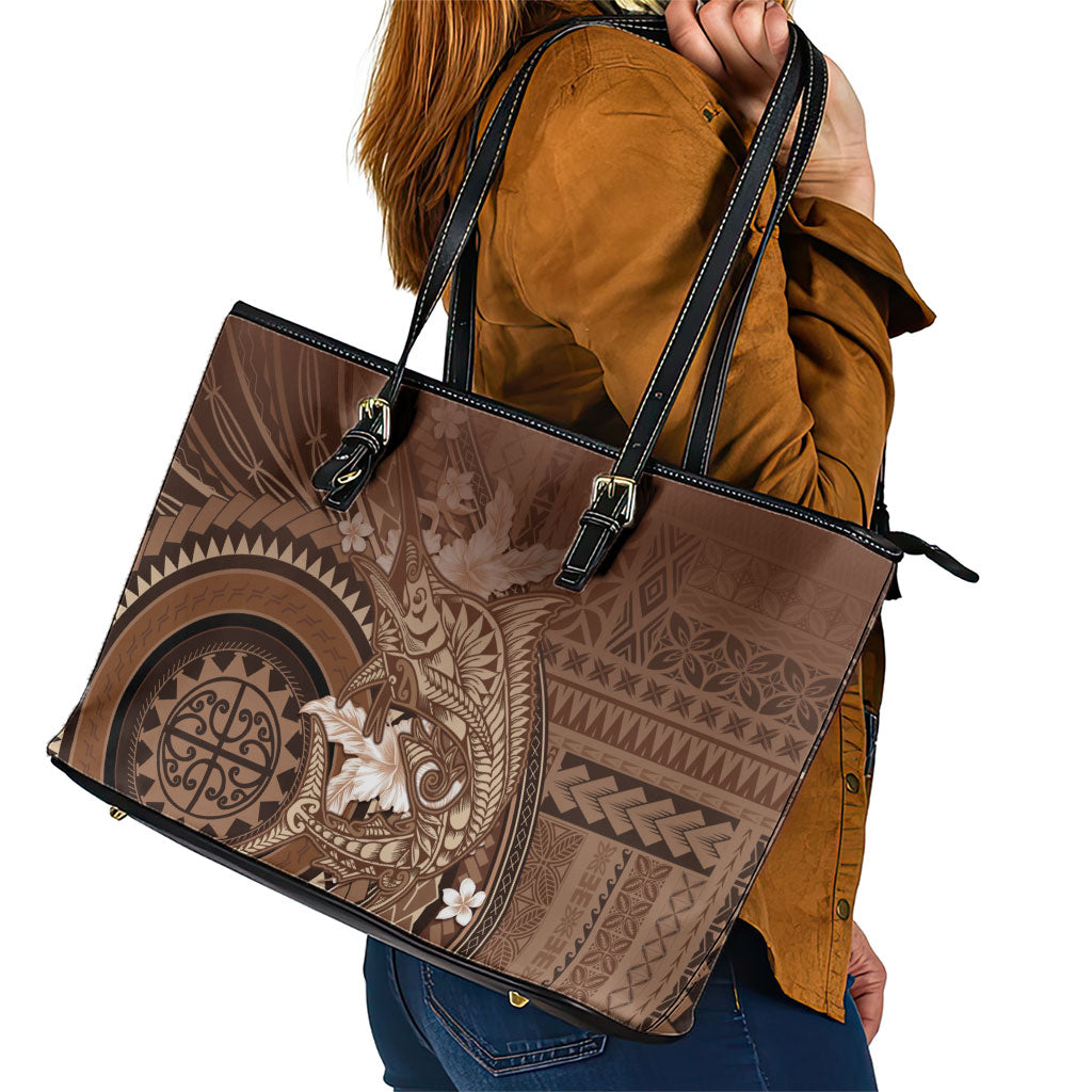 Samoa Tatau Marlin Leather Tote Bag With Siapo Motifs Brown LT05 - Polynesian Pride
