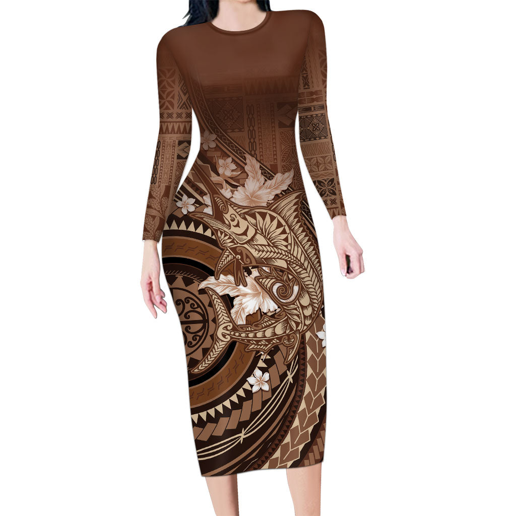 Samoa Tatau Marlin Long Sleeve Bodycon Dress With Siapo Motifs Brown LT05 Long Dress Brown - Polynesian Pride