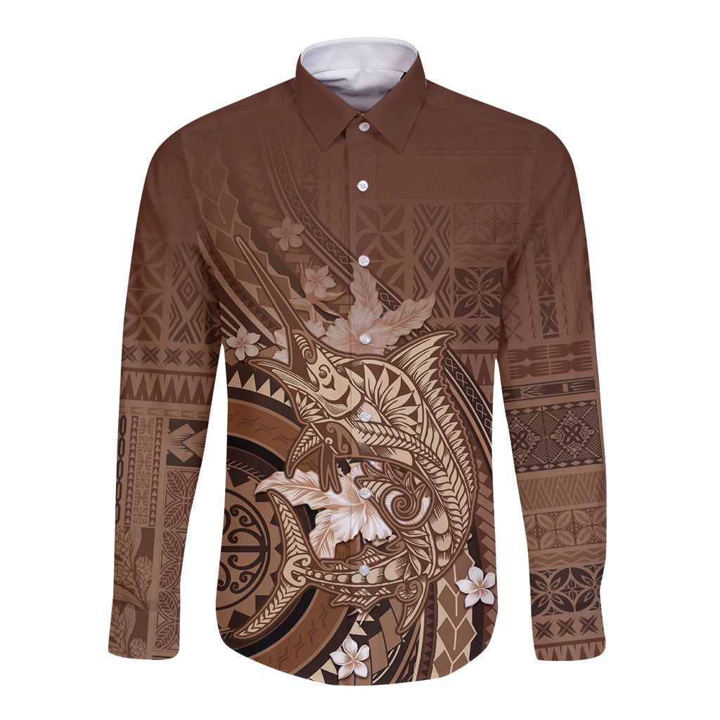 Samoa Tatau Marlin Long Sleeve Button Shirt With Siapo Motifs Brown LT05 Unisex Brown - Polynesian Pride