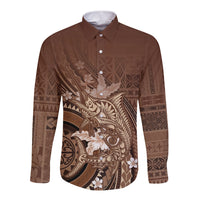 Samoa Tatau Marlin Long Sleeve Button Shirt With Siapo Motifs Brown LT05 Unisex Brown - Polynesian Pride