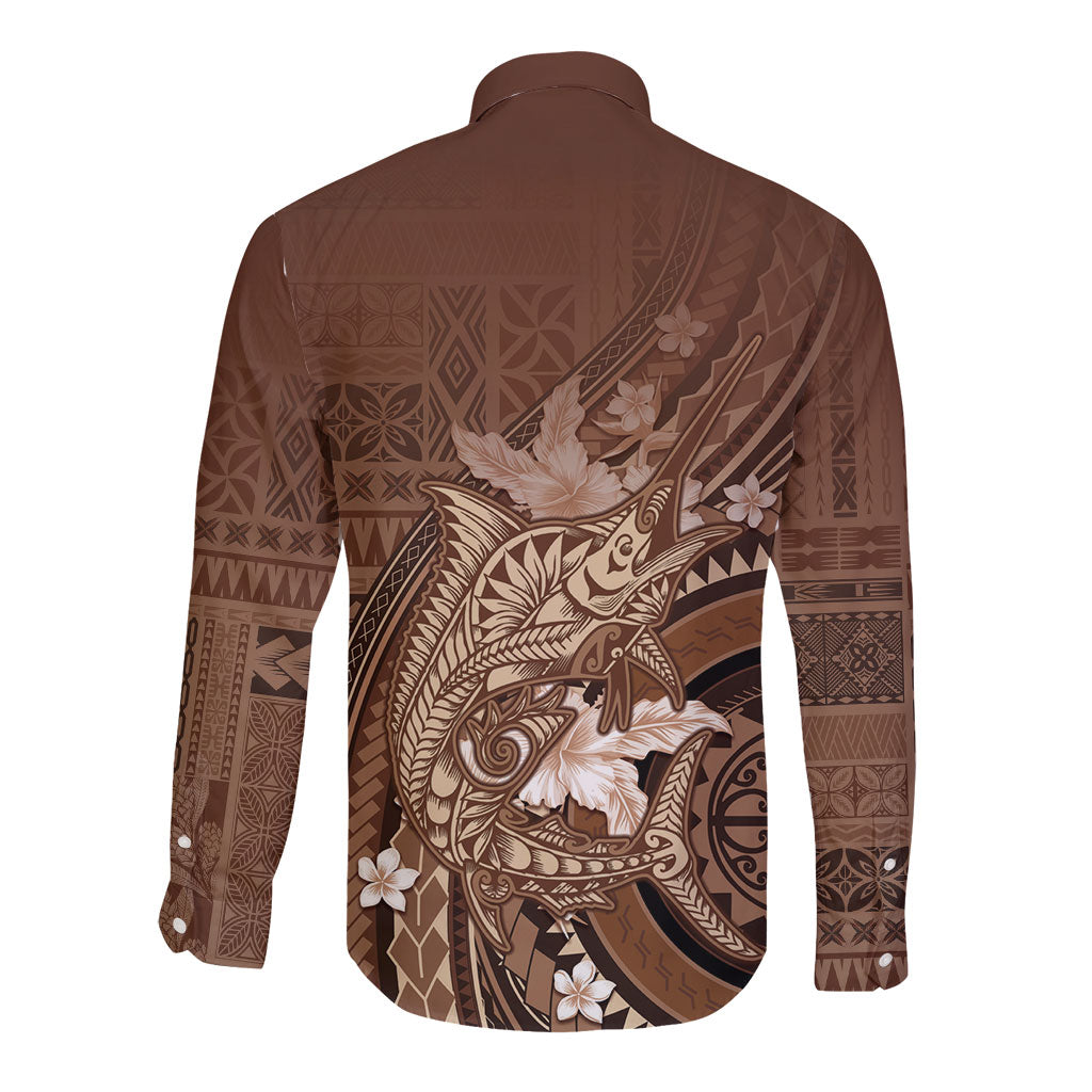 Samoa Tatau Marlin Long Sleeve Button Shirt With Siapo Motifs Brown LT05 - Polynesian Pride