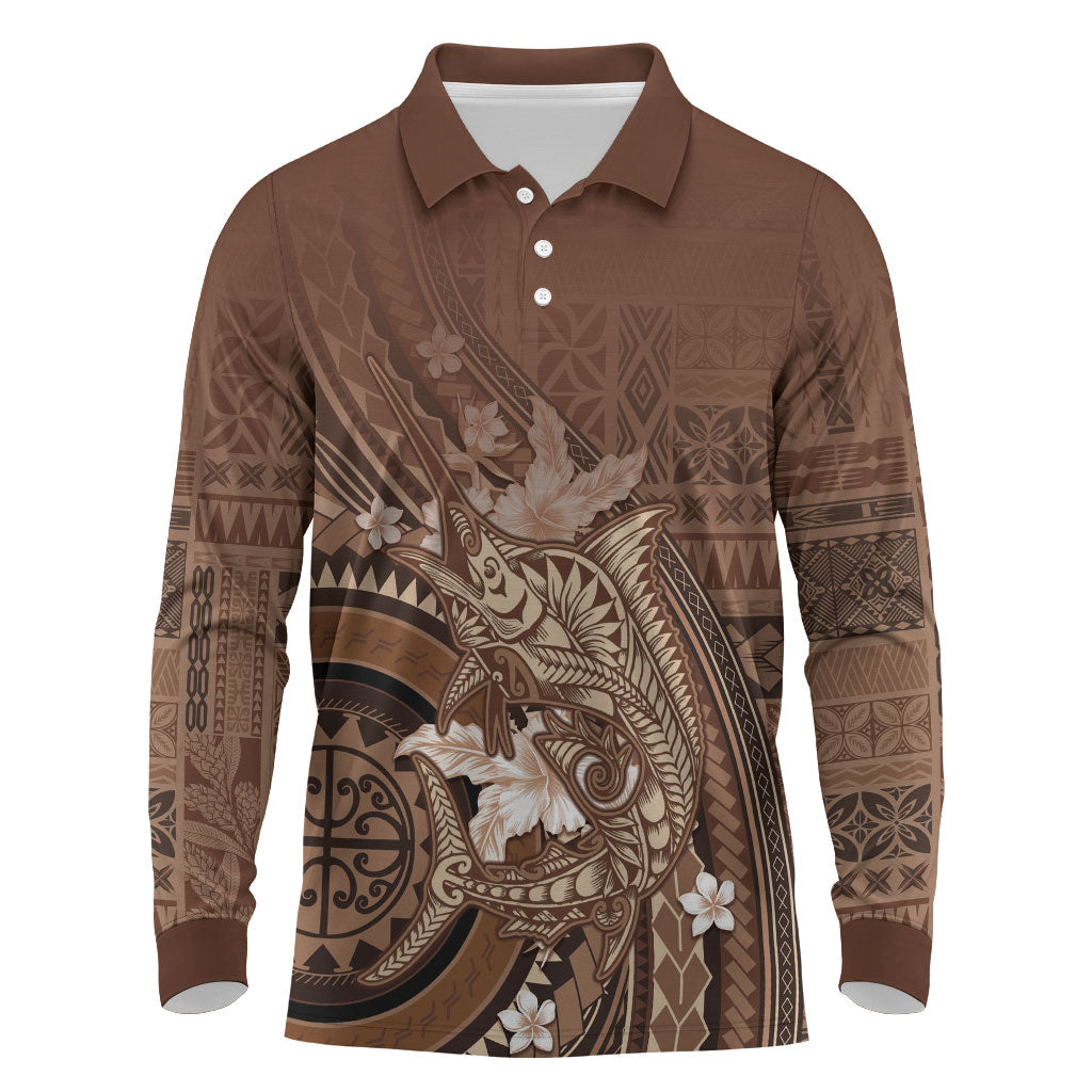 Samoa Tatau Marlin Long Sleeve Polo Shirt With Siapo Motifs Brown LT05 Brown - Polynesian Pride
