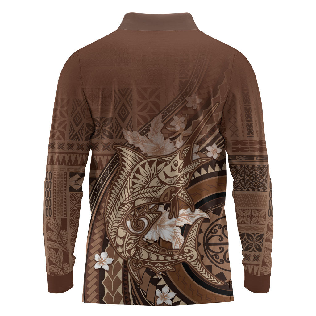 Samoa Tatau Marlin Long Sleeve Polo Shirt With Siapo Motifs Brown LT05 - Polynesian Pride
