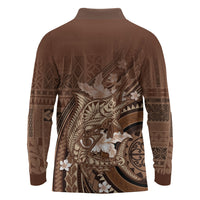 Samoa Tatau Marlin Long Sleeve Polo Shirt With Siapo Motifs Brown LT05 - Polynesian Pride