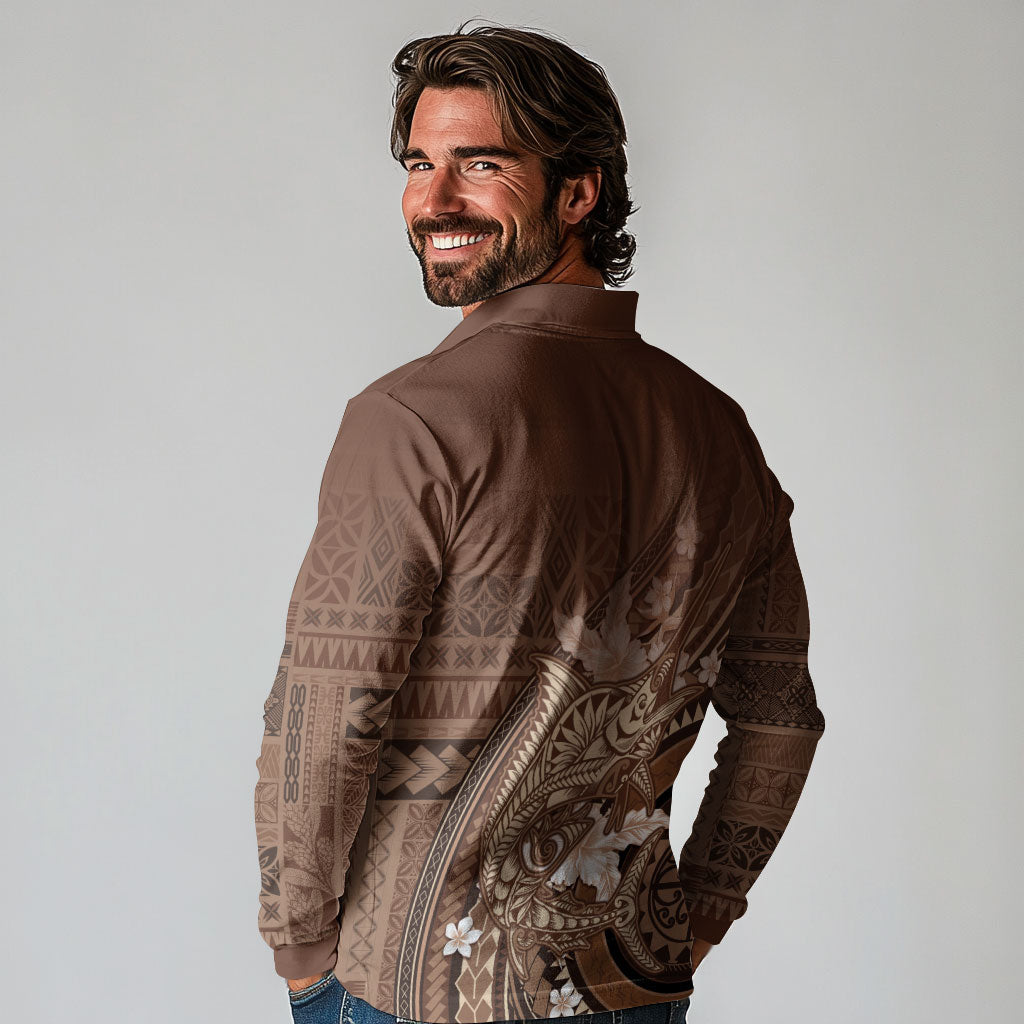 Samoa Tatau Marlin Long Sleeve Polo Shirt With Siapo Motifs Brown LT05 - Polynesian Pride