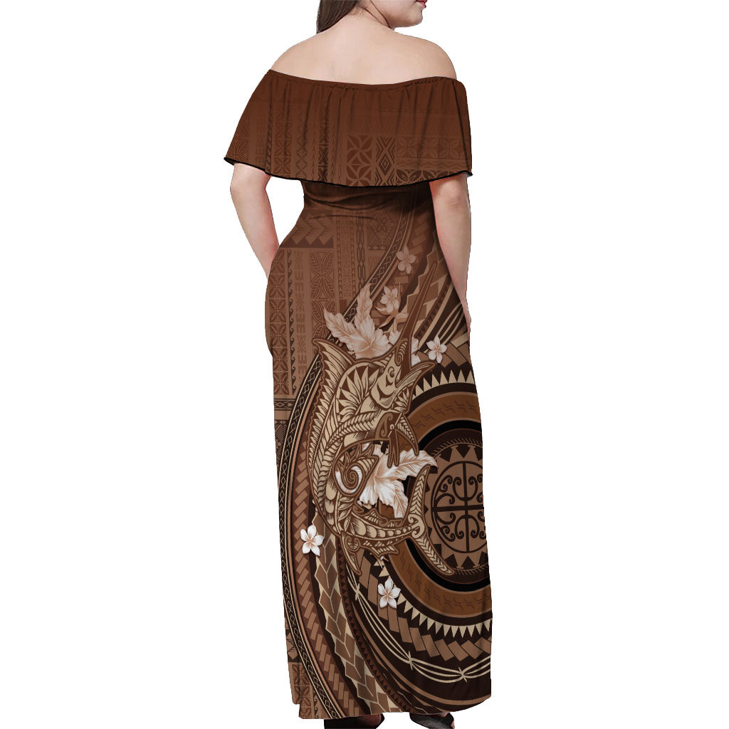 Samoa Tatau Marlin Off Shoulder Maxi Dress With Siapo Motifs Brown LT05 - Polynesian Pride
