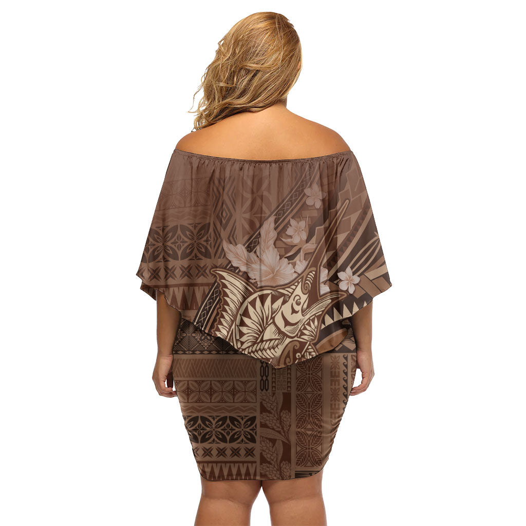 Samoa Tatau Marlin Off Shoulder Short Dress With Siapo Motifs Brown LT05 - Polynesian Pride
