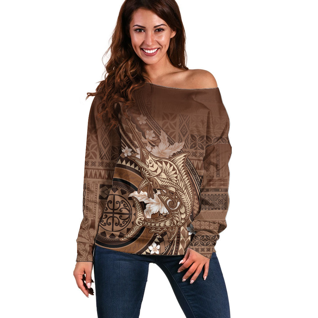 Samoa Tatau Marlin Off Shoulder Sweater With Siapo Motifs Brown LT05 Women Brown - Polynesian Pride