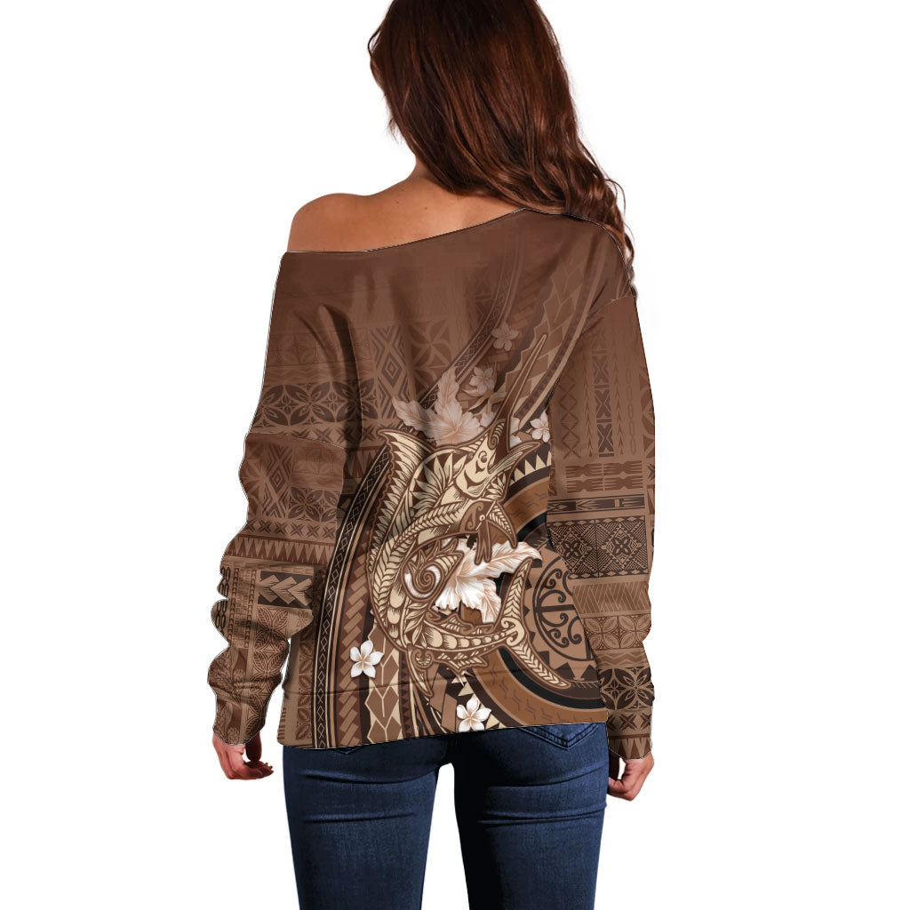 Samoa Tatau Marlin Off Shoulder Sweater With Siapo Motifs Brown LT05 - Polynesian Pride