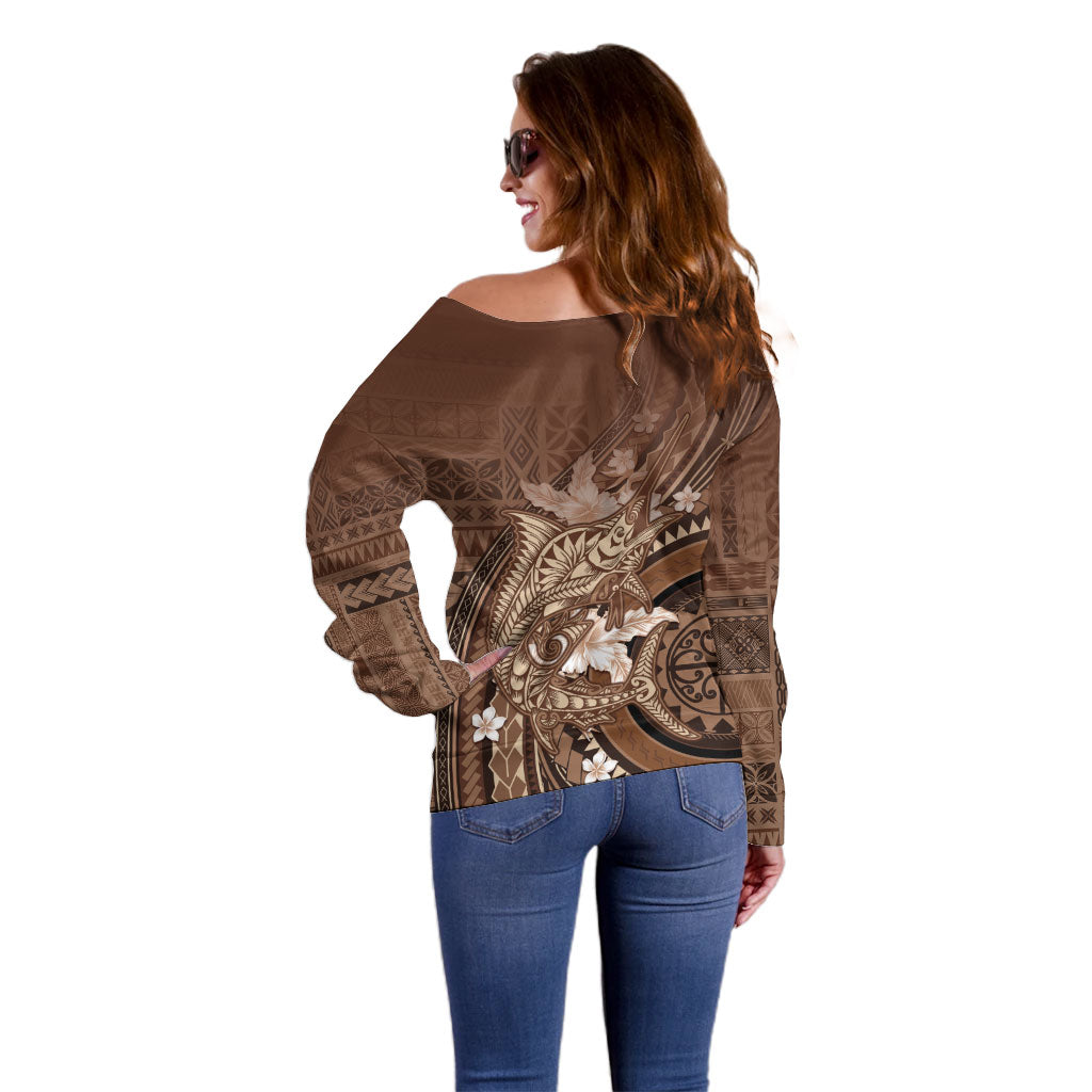 Samoa Tatau Marlin Off Shoulder Sweater With Siapo Motifs Brown LT05 - Polynesian Pride