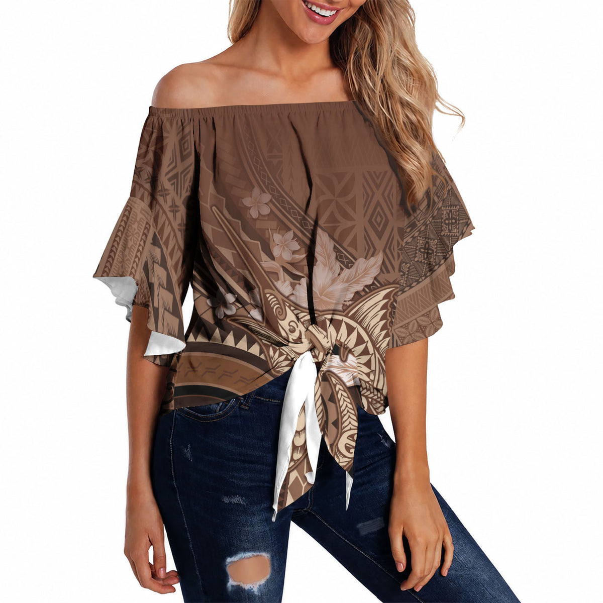 Samoa Tatau Marlin Off Shoulder Wrap Waist Top With Siapo Motifs Brown LT05 - Polynesian Pride