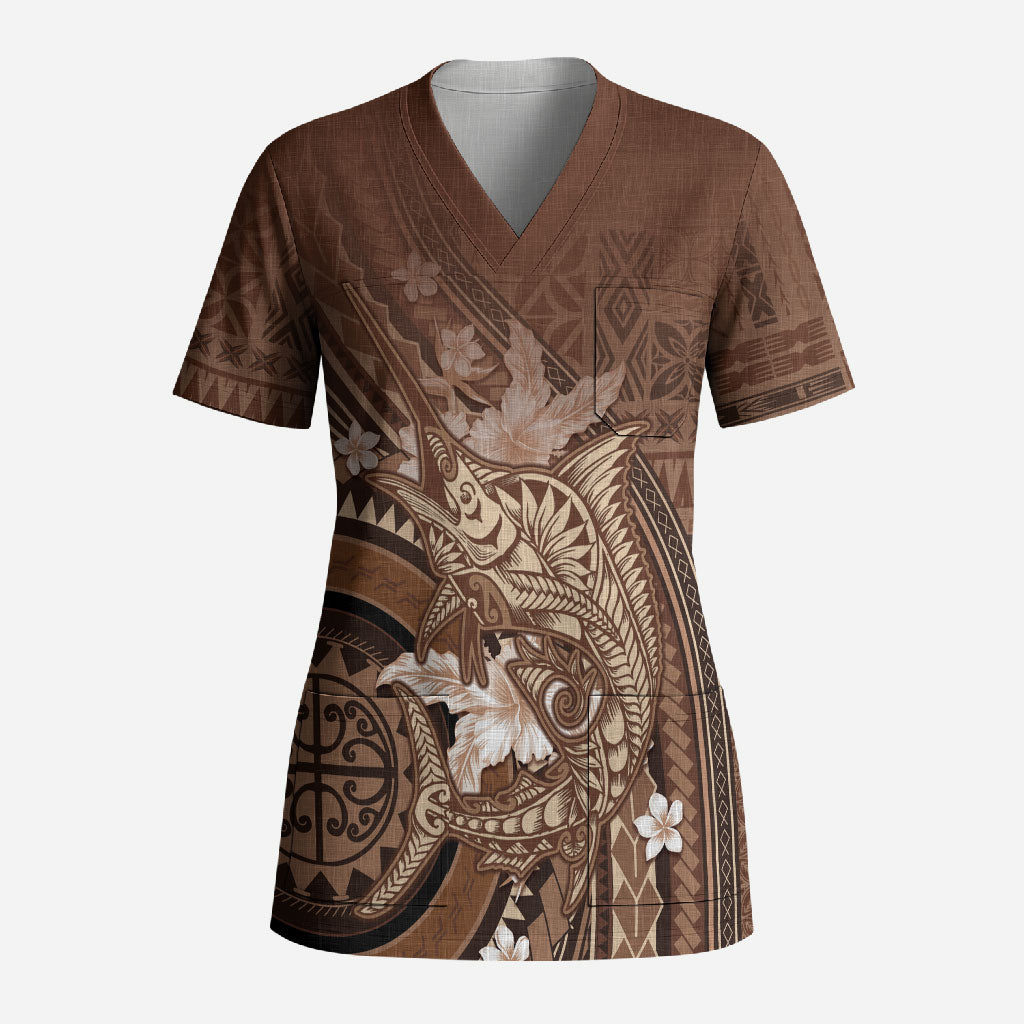 Samoa Tatau Marlin Scrub Top With Siapo Motifs Brown