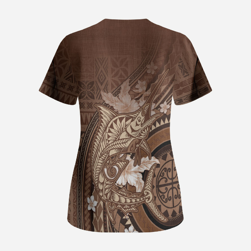Samoa Tatau Marlin Scrub Top With Siapo Motifs Brown LT05 - Polynesian Pride