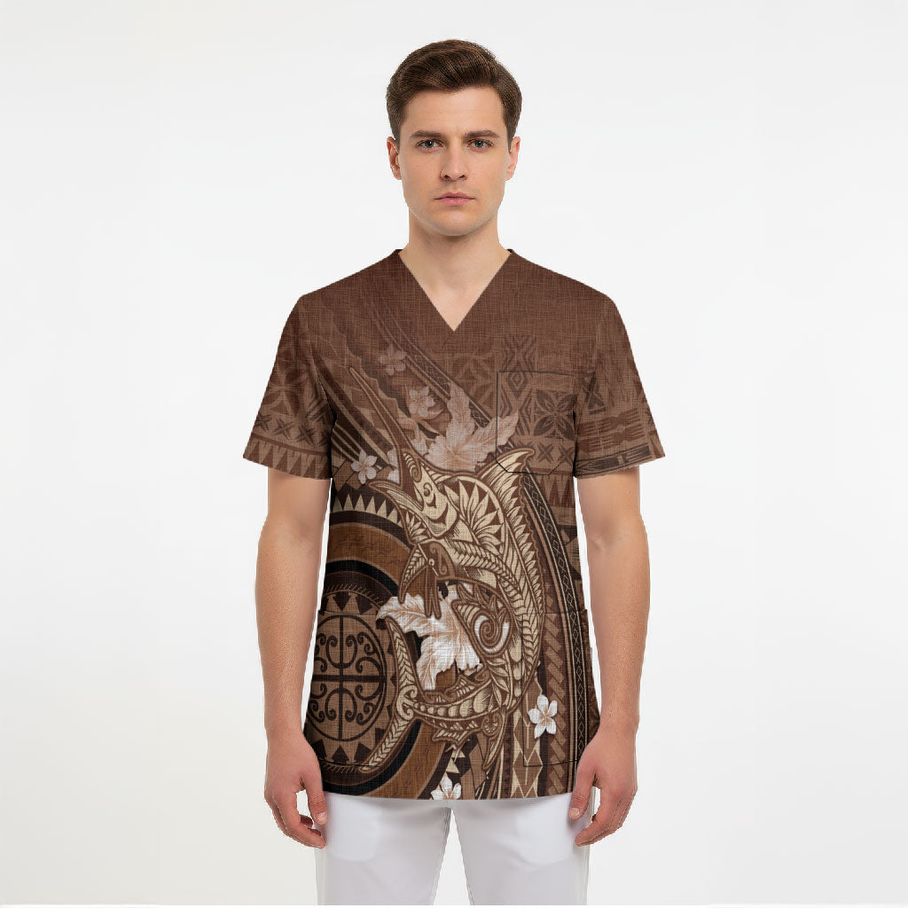 Samoa Tatau Marlin Scrub Top With Siapo Motifs Brown LT05 - Polynesian Pride