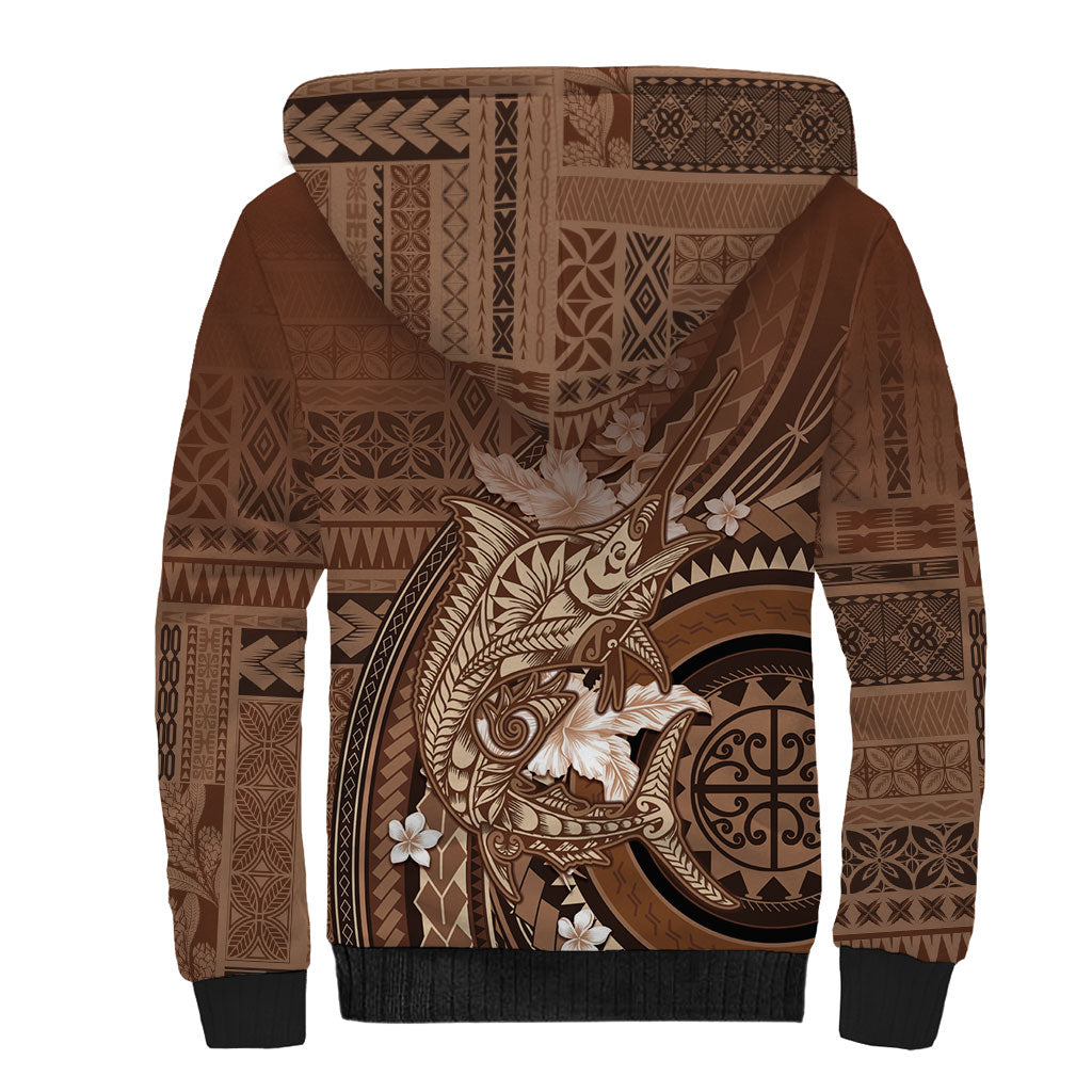 Samoa Tatau Marlin Sherpa Hoodie With Siapo Motifs Brown LT05 - Polynesian Pride