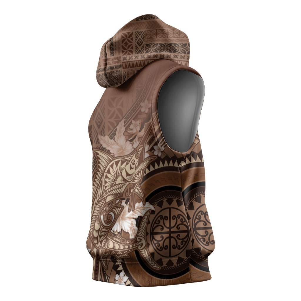 Samoa Tatau Marlin Sleeveless Hoodie With Siapo Motifs Brown LT05 - Polynesian Pride