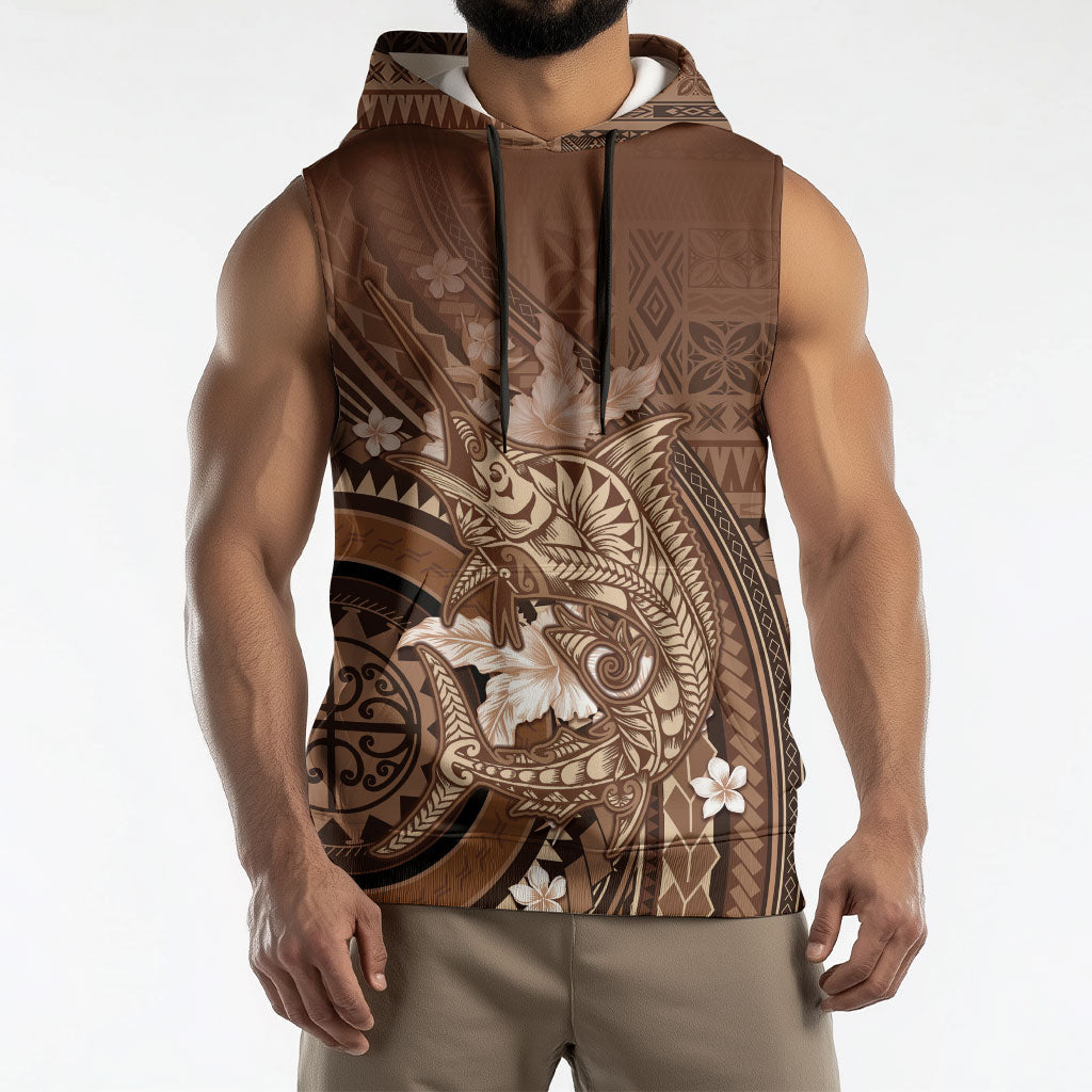 Samoa Tatau Marlin Sleeveless Hoodie With Siapo Motifs Brown LT05 - Polynesian Pride