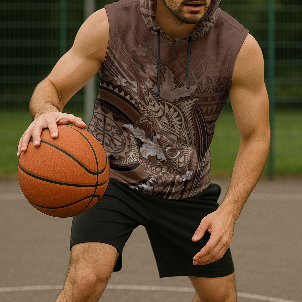 Samoa Tatau Marlin Sleeveless Hoodie With Siapo Motifs Brown LT05 - Polynesian Pride