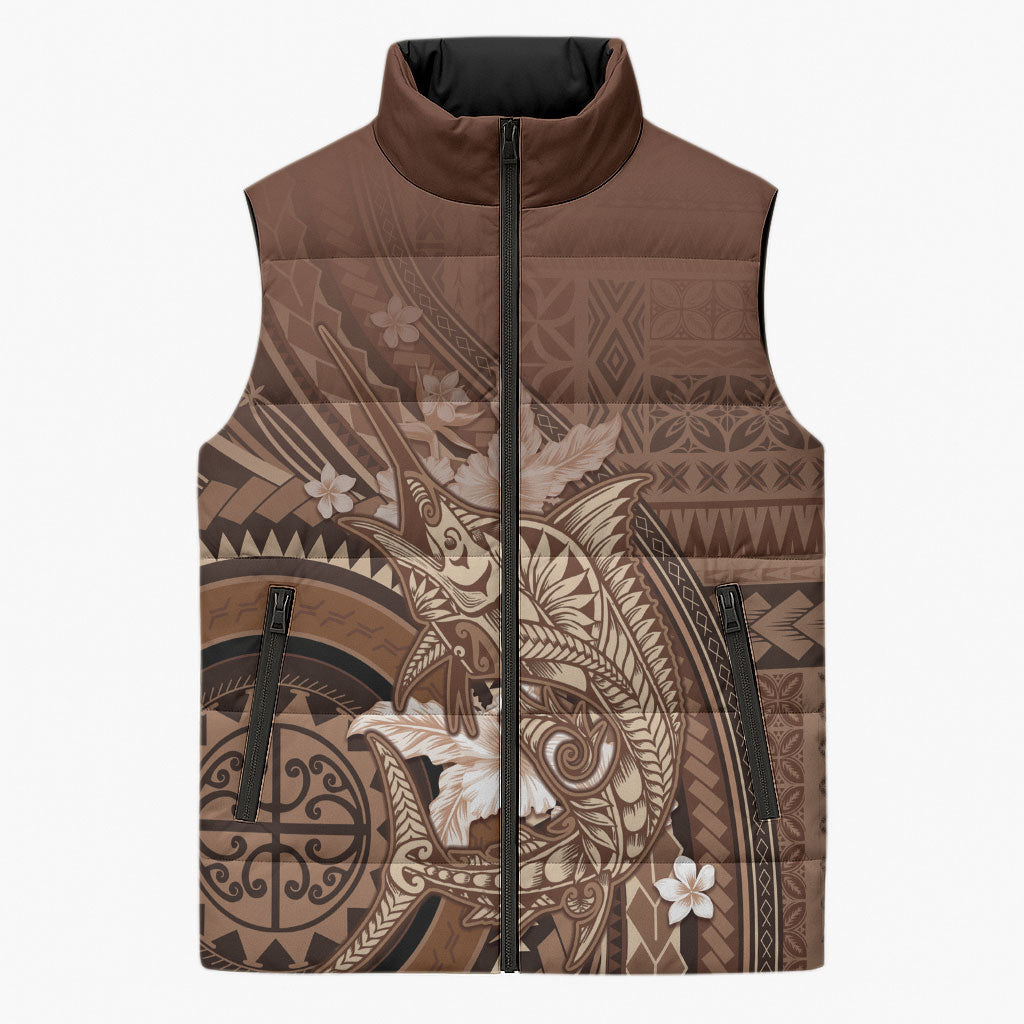 Samoa Tatau Marlin Sleeveless Puffer Jacket With Siapo Motifs Brown LT05 Unisex Brown - Polynesian Pride