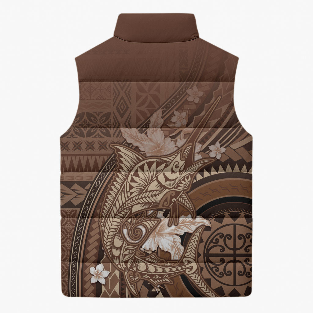Samoa Tatau Marlin Sleeveless Puffer Jacket With Siapo Motifs Brown LT05 - Polynesian Pride