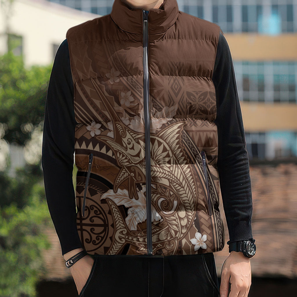 Samoa Tatau Marlin Sleeveless Puffer Jacket With Siapo Motifs Brown LT05 - Polynesian Pride