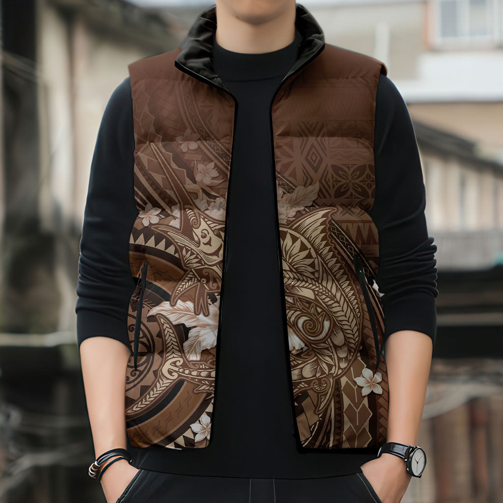 Samoa Tatau Marlin Sleeveless Puffer Jacket With Siapo Motifs Brown LT05 - Polynesian Pride
