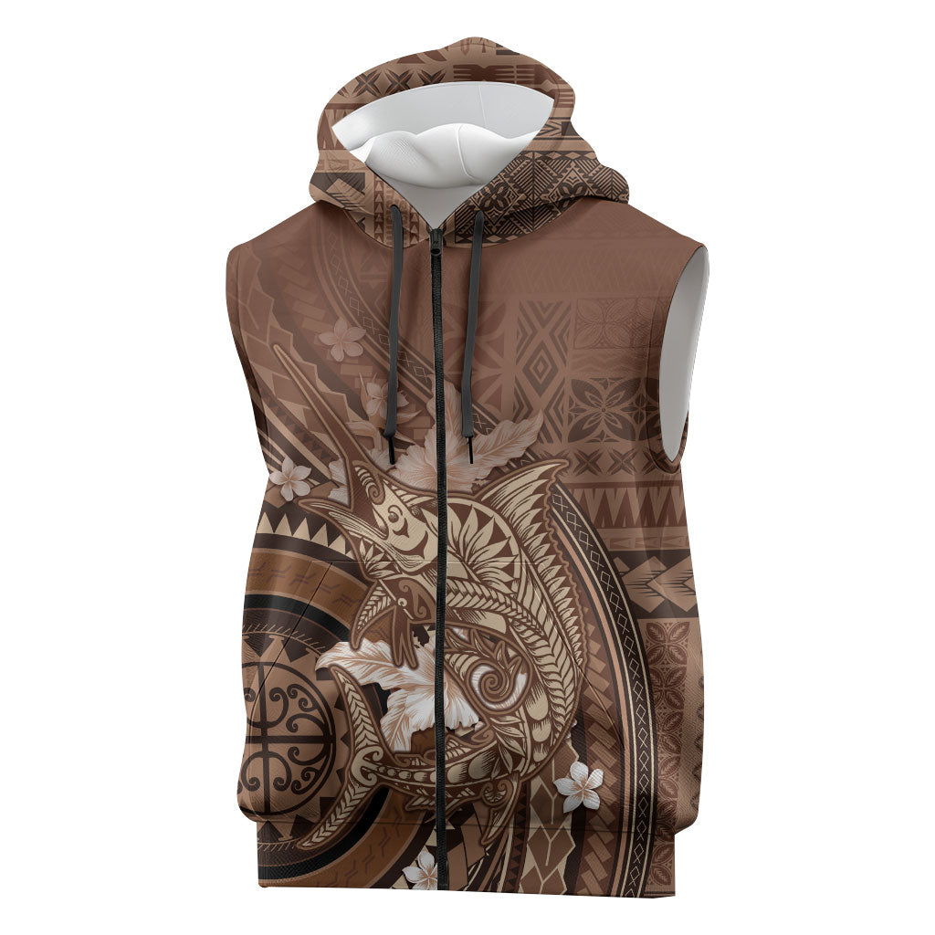 Samoa Tatau Marlin Sleeveless Zip Hoodie With Siapo Motifs Brown LT05 Brown - Polynesian Pride