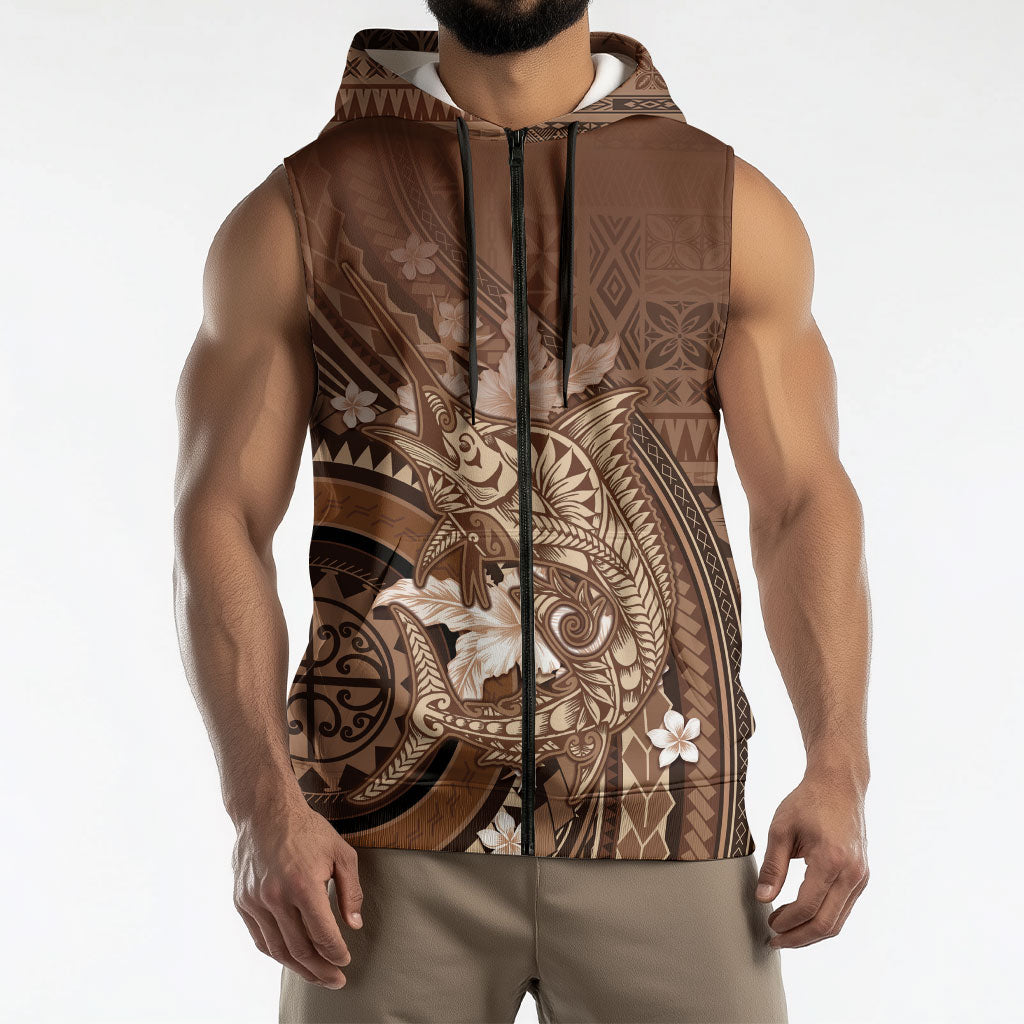 Samoa Tatau Marlin Sleeveless Zip Hoodie With Siapo Motifs Brown LT05 - Polynesian Pride