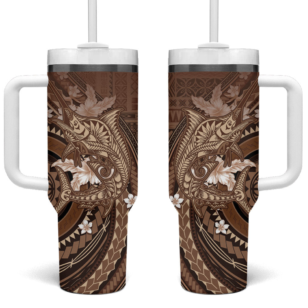 Samoa Tatau Marlin Tumbler With Handle With Siapo Motifs Brown LT05 One Size: 40 oz Brown - Polynesian Pride